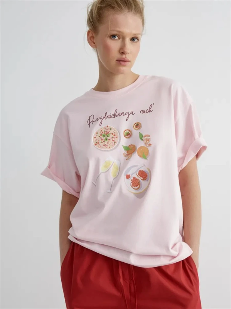 Pure Cotton Pink Graphic Tee: 'Prazdchnaya Noch' Festive Feast Print Casual T-shirts European Street Fashion Girls Sweet Basic