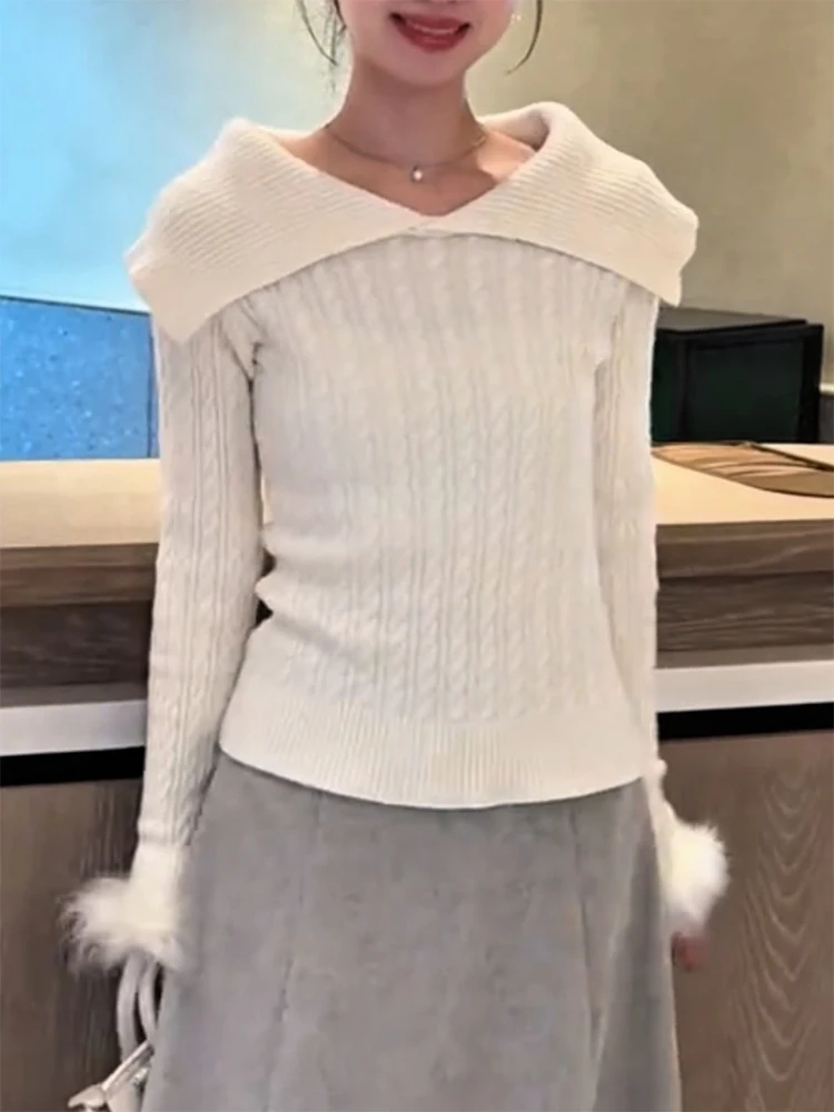 

Korean Sle Soft Collar Splice Knitted Sweater Women's Faion Slimming Age-Defng Top Warm Long Sve Camere Woolen