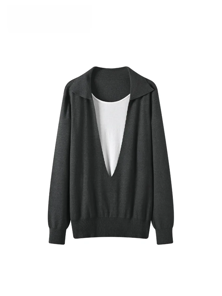 

plus Size Knitted Long Sve Women's Top Lazy Sle Fake Two-Piece Slimming Autumn Winter New Arrival Polyester Fiber