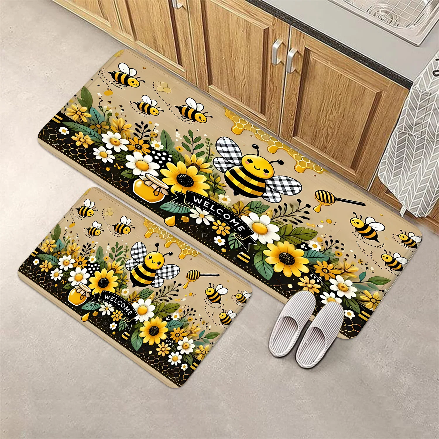 Bee Flower Kitchen Long Carpet Restaurant Flannel Floor Mat and Door Mat Daisy Sunflower Porch Entrance Anti Slip Rug