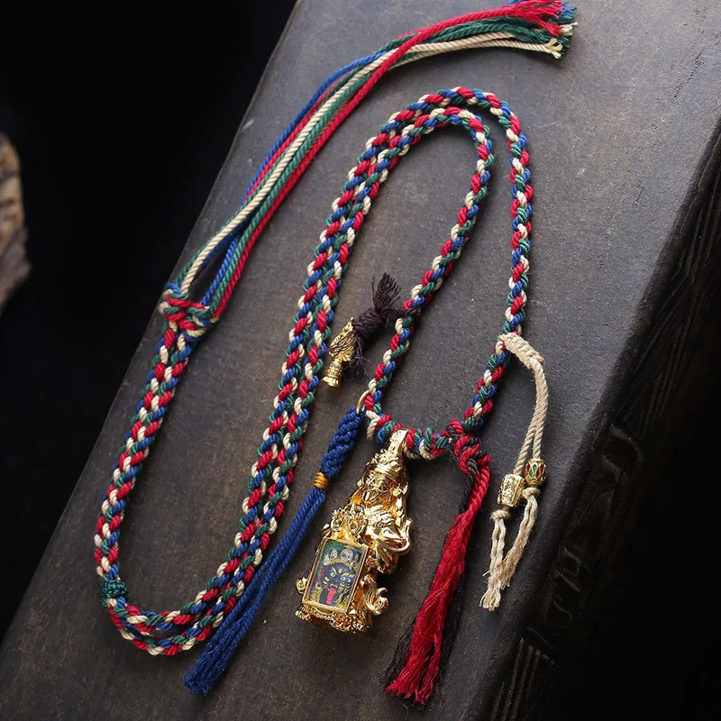 

Tibetan Style Literature Big Black Sky Thangka Coat Chain Copper Gold Plated Zakiram Case Pendant Handmade Braided Rope Necklace