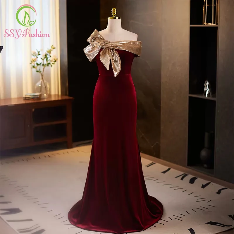 

SSYFashion Wine Red Velour Sexy Mermaid Evening Dress Simple Banquet Elegant Fishtail Formal Gowns for Women Vestido De Festa