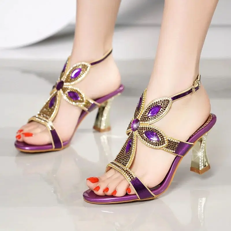 Fashion Versatile Soft Leather Glitter Women Open Toe Sandals High Heels Party Wedding Shoes Summer Rhinestone Sandals