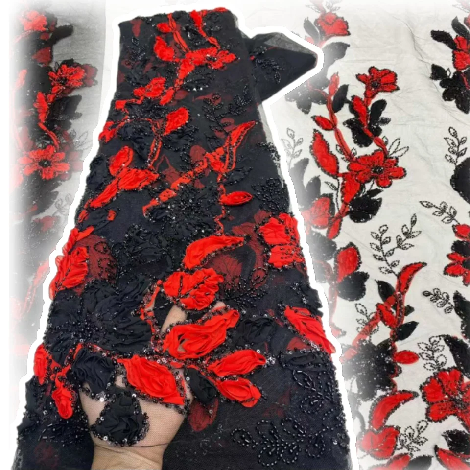 

Latest 3D Flower African Beaded Lace Fabric Luxury French Nigerian Sequin Lace Fabric Ladies Party Wedding Dress Sewing SZ1551
