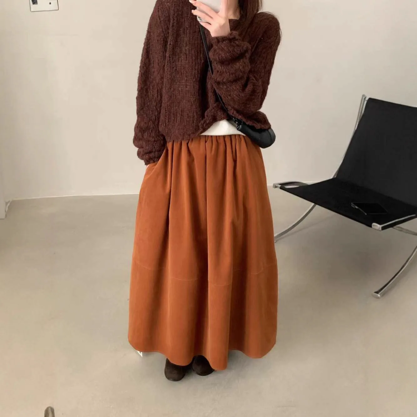 

Korean Style Chic High Elastic Waist Gray Brown Casual A-LINE Midi Half-body Skirt Women Fashion Tide New Spring Autumn 2025