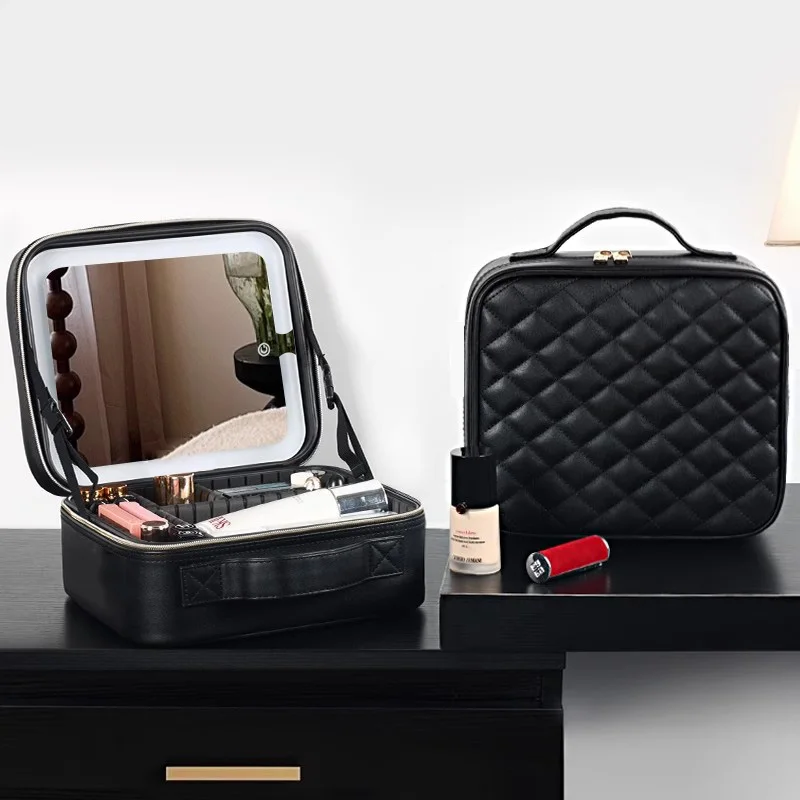 Large Size LED-Lit Makeup Mirror Travel Makeup Bag with Mirror Zoned Beauty Manicure Makeup Case 3 Light Color Modes