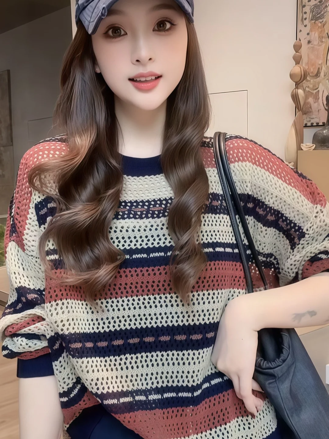 Faionable High-End Color Blo Hollow Suéter de malha feminino plus size Sli versátil Ele Top retrô solto ajuste longo...