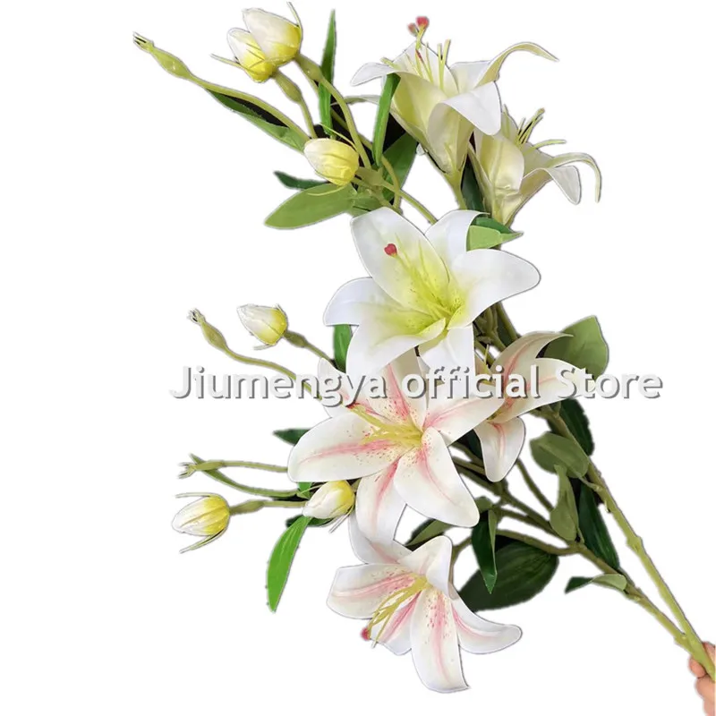 6pcs Real Touch 6 Heads Lily Branch Flower Faux Artificial PU Greenish Lily Plant with Long Stem for Wedding Floral Arrangement