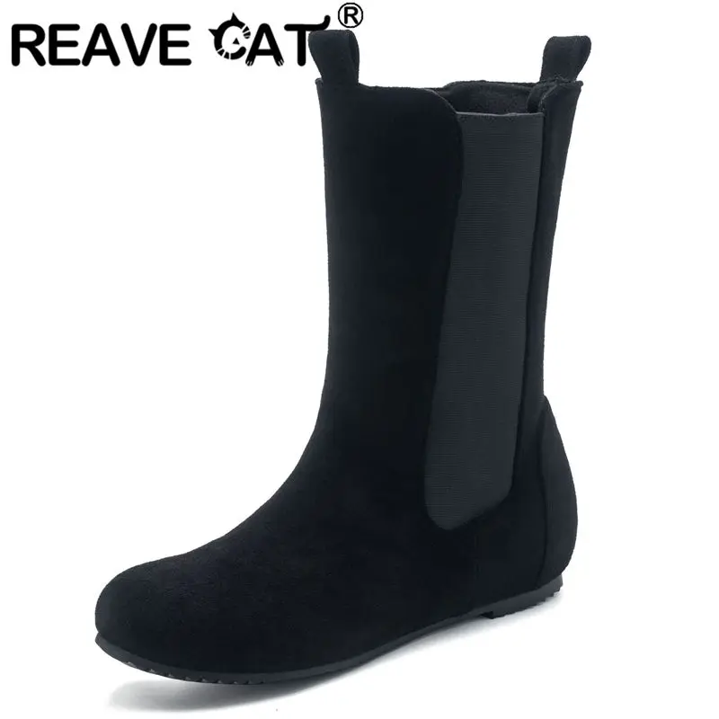 

ORCHA LISA Fashion Casual Female Women's Mid Calf Boots Round Toe 4cm Mid Heel Slip On Flock Suede Size 41-43 Soft Daily Lady