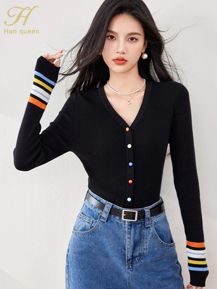 H Han Queen Autumn Winner Tops New Colorblocked Striped Knit Sweater T-Shirt Womens Vintage Work Casual Tops Elegant Women Tee