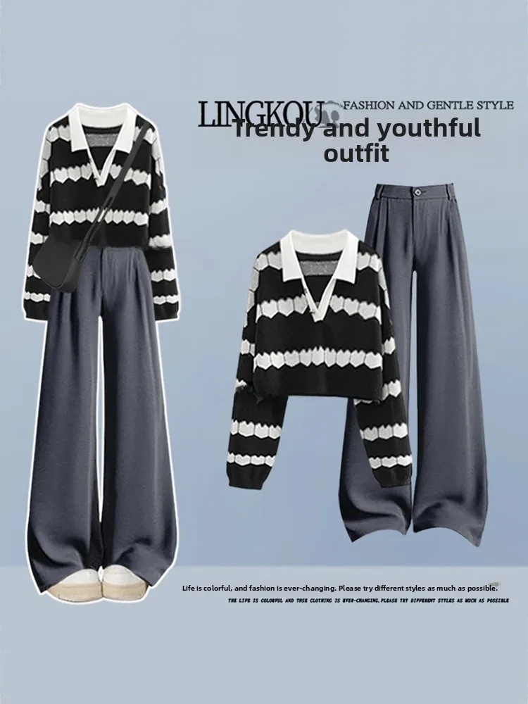plus Size Early Autumn Casual Set Women Anti-Aging Retro Korean Style  Collar Striped Top High Waist Casual Pants Two Pie...