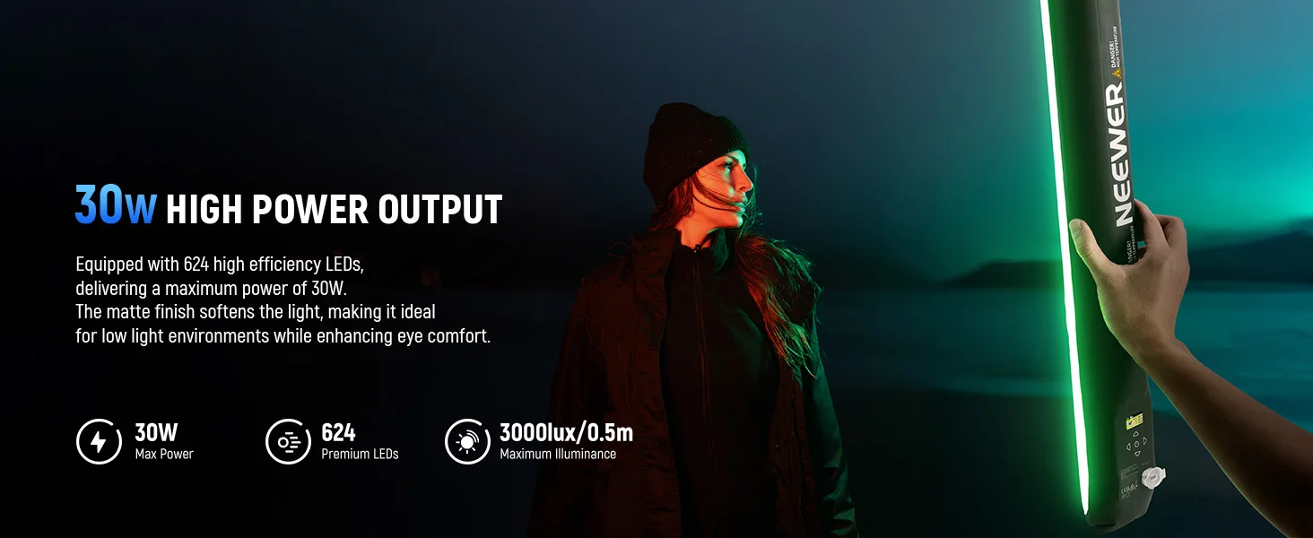 NEEWER Basics 21/30W Handgehaltenes RGB-Röhrenlicht 35,5'/90cm Tragbare Aufblasbare TPU-Beleuchtung 5000mAh Typ C 45W Eingang/30W Ausgang 3000Lux – Detail 2