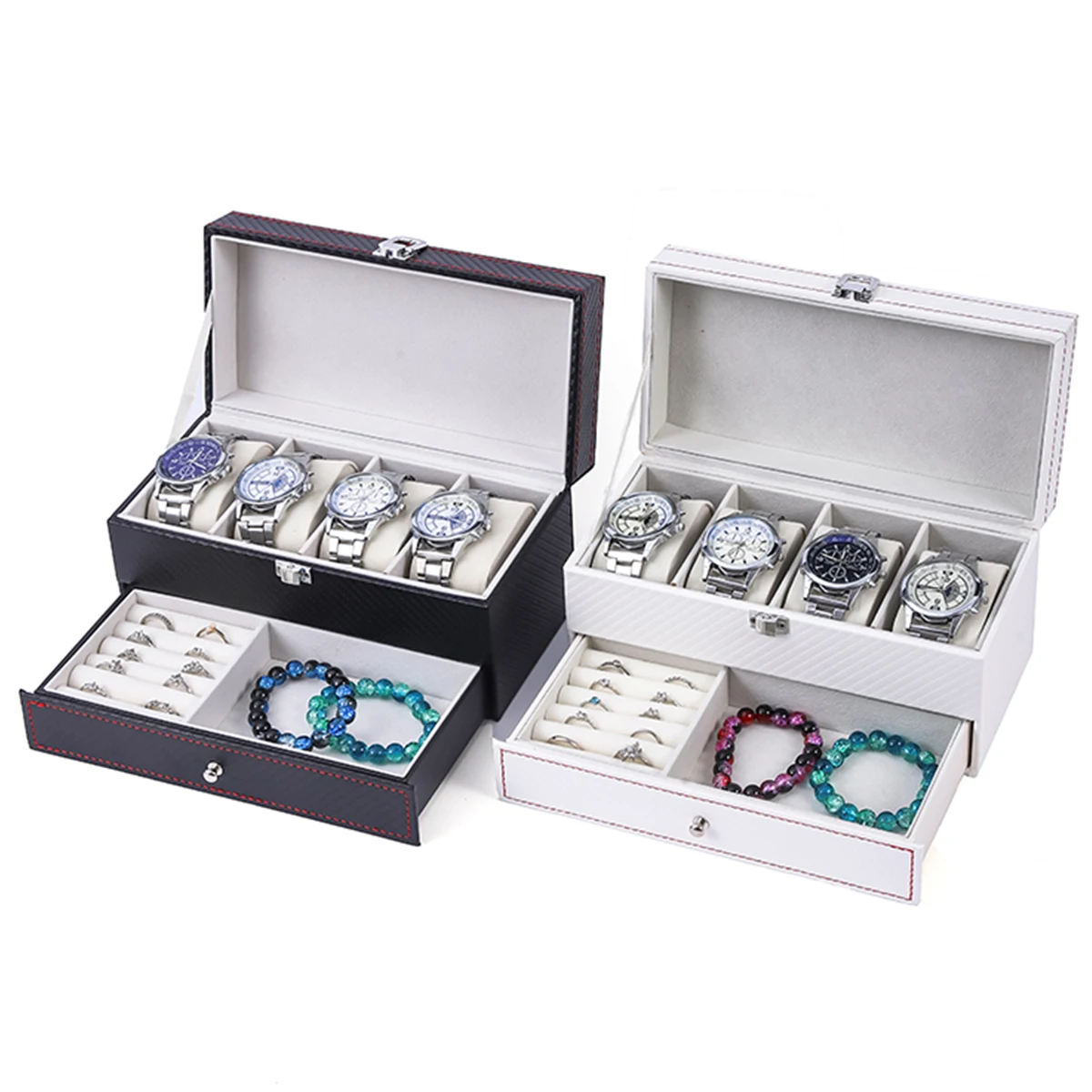 2-Tier Organizer Watch Showcase ﻿ Leather Lockable Watch Storage Boxes Men & Women's Jewelry Display Drawer Case