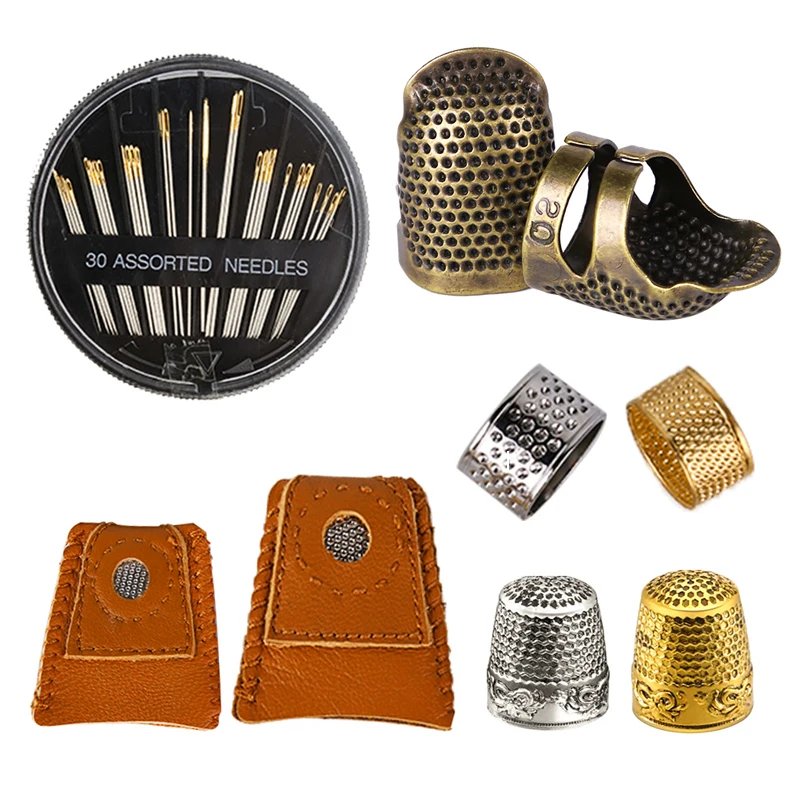 KRABALL Retro Metal Sewing Thimble Ring Kit Leather Fingertip Finger Protector For Stitching Needles Accessories Tools Set