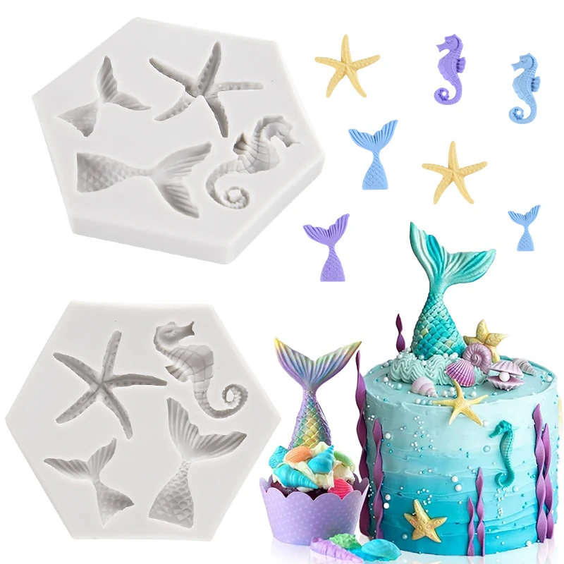 Mermaid Tail Starfish Silicone Mold Chocolate Candy Fondant Cake Mold Mermaid Theme Birthday Party Cake Decoration Under The Sea