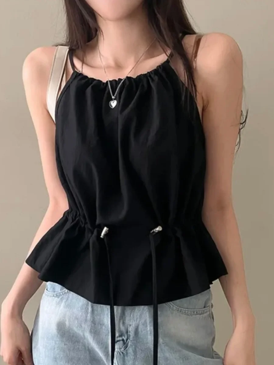 South korea Chic Summer Temperament Design Sense Solid  Drawstring Hanging Neck Sleeveless Sling Vest Top Women