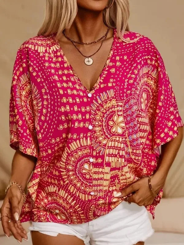 Faionable verano estampado Vintage v-ne Oversize Casual vacaciones Sle cinco cuartos Batwing Sve irt Top ropa de mujer