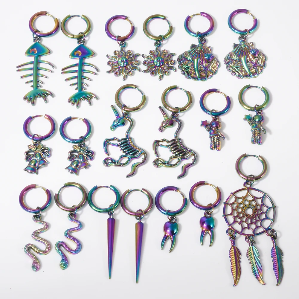 1/10pair Multistyle Rainbow Ear Jewelry Stainless Steel Hoops Fashion Alloy Snake Sun Dream Catcher Charm Earrings For Women Men