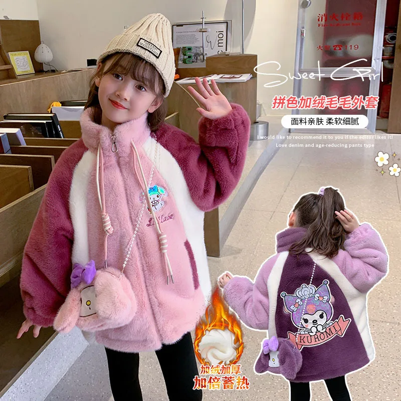 Anime Kawaii Sanrios My Melody Kuromi Winter Girl Fleece Jacket Kid Warm Thickened Cotton Top Cartoon Cute Plush Toddler Clothes