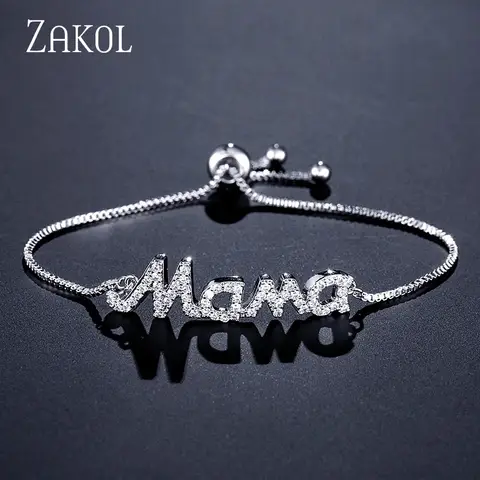 ZAKOL ประณีตแม่จดหมาย CZ สร้อยข้อมือผู้หญิงประกายไมโครเพดเซอร์โคเนียสีทองสร้อยข้อมือปรับได้ของขวัญ