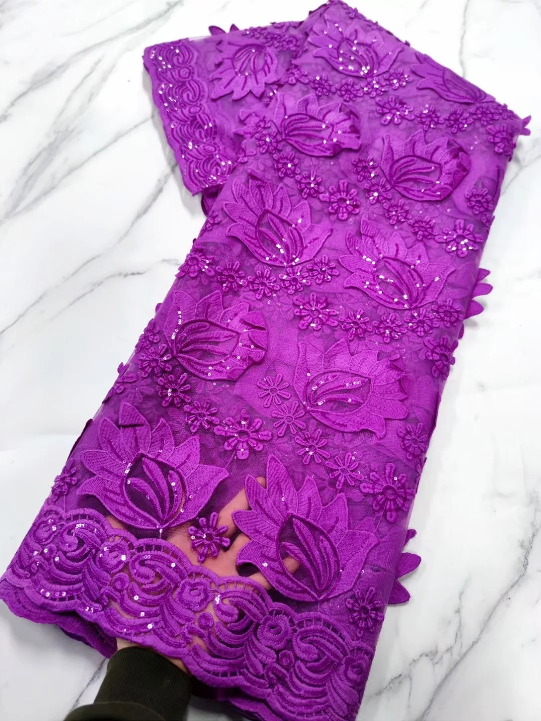 

Purple African Milk Fiber Lace Fabric With Sequins 2023 High Quality Nigerian Guipure Cord Fabric Soft Dress Material For Sewing