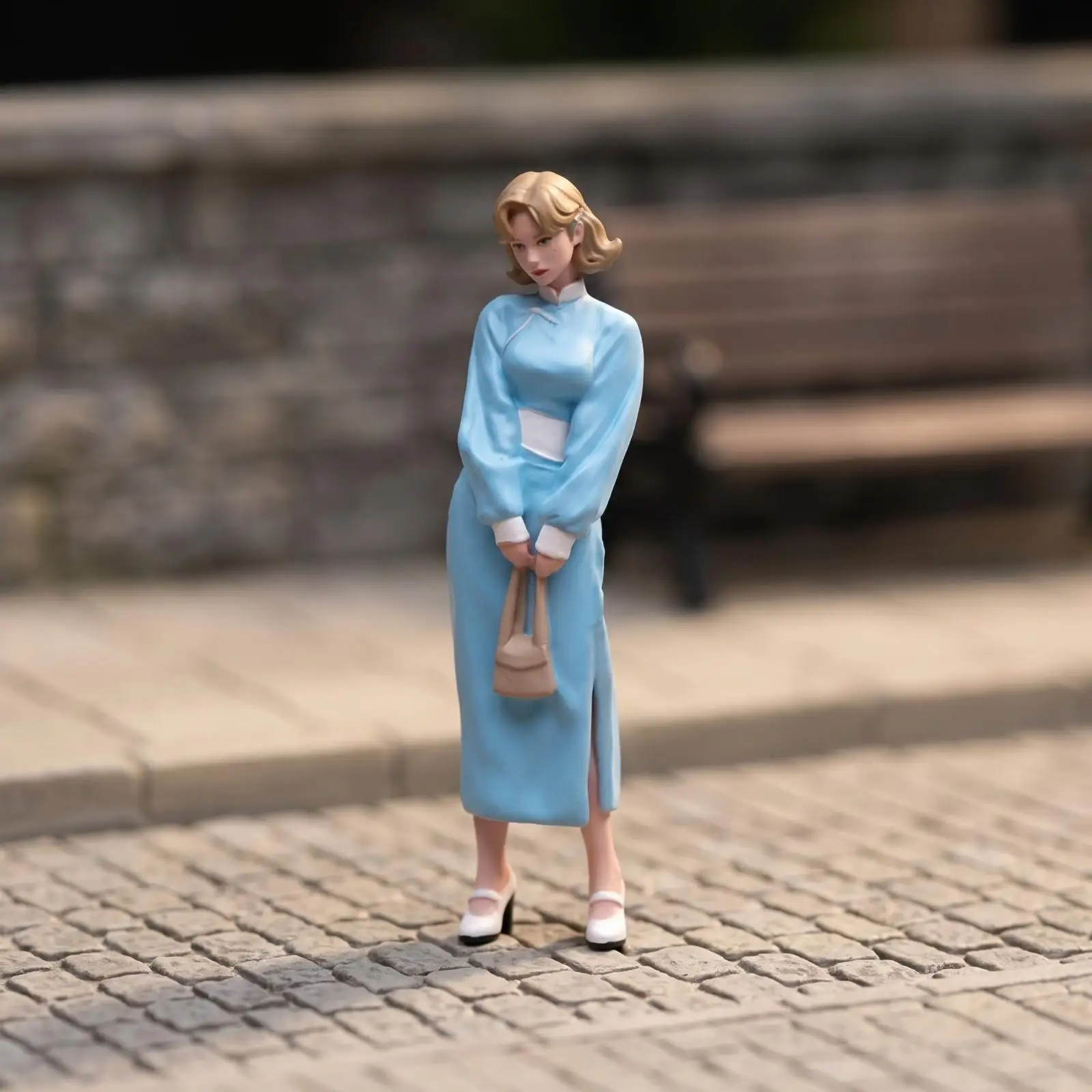 Elegant Resin Painted Female Figure Blue Dress Standing Pose Miniature Collectible for Shelf Desk Decor Figurine Art