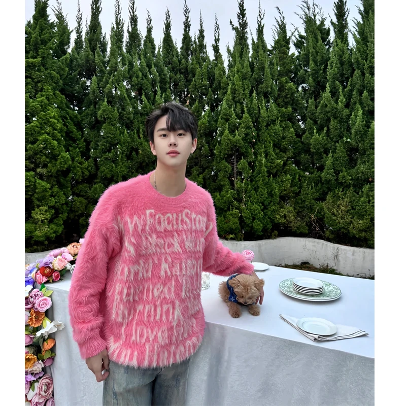 

Мужской зимний свитер из норковой шерсти с принтом, круглый вырез, свободный крой, модная повседневная верхняя одежда