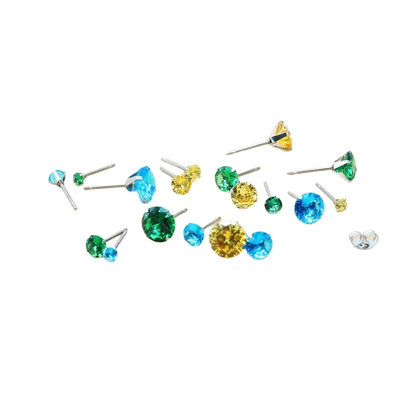 

Green OceanBlue Crystal Stones Golen Zircons Stainless Steel Stud Earrings Classical Style No Fade Allergy Free