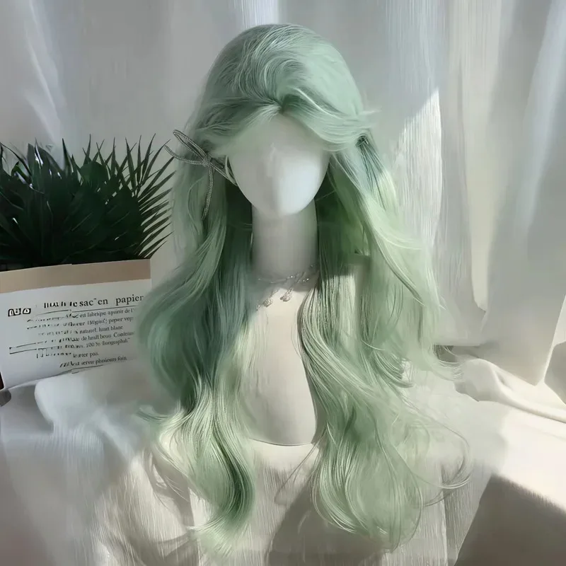 Pelucas sintéticas de pelo rizado largo para mujer, pelo rizado largo de Color verde, color rosa menta, con flequillo, Cosplay, para fiesta diaria