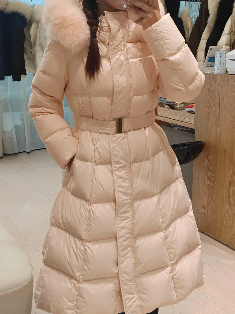 Fur Hood Puffer Coat Women  Winter Long Outerwear Belted Waist Zip Closure Side Pockets Warm Loose for Cold Weather Commuting