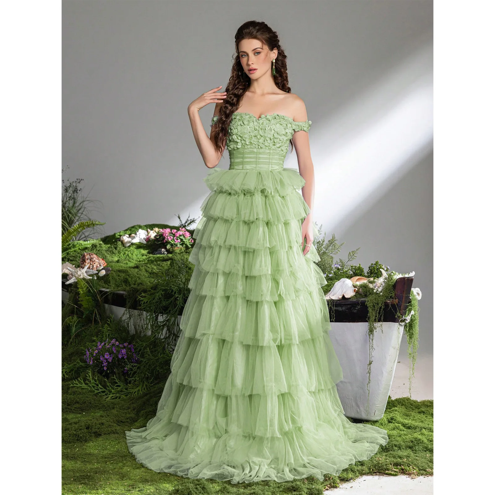 Off-the-shoulder floral appliqué design, back tie waist, multi-layered tulle A-line skirt   luxurious party dress 2026