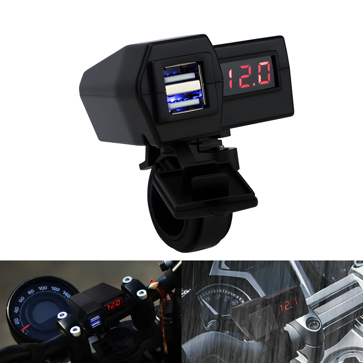 9-24V Motorcycle USB Fast Charger Handle Style Dual USB Socket with Switch Voltmeter Waterproof Phone Power Supply Adapter Kit