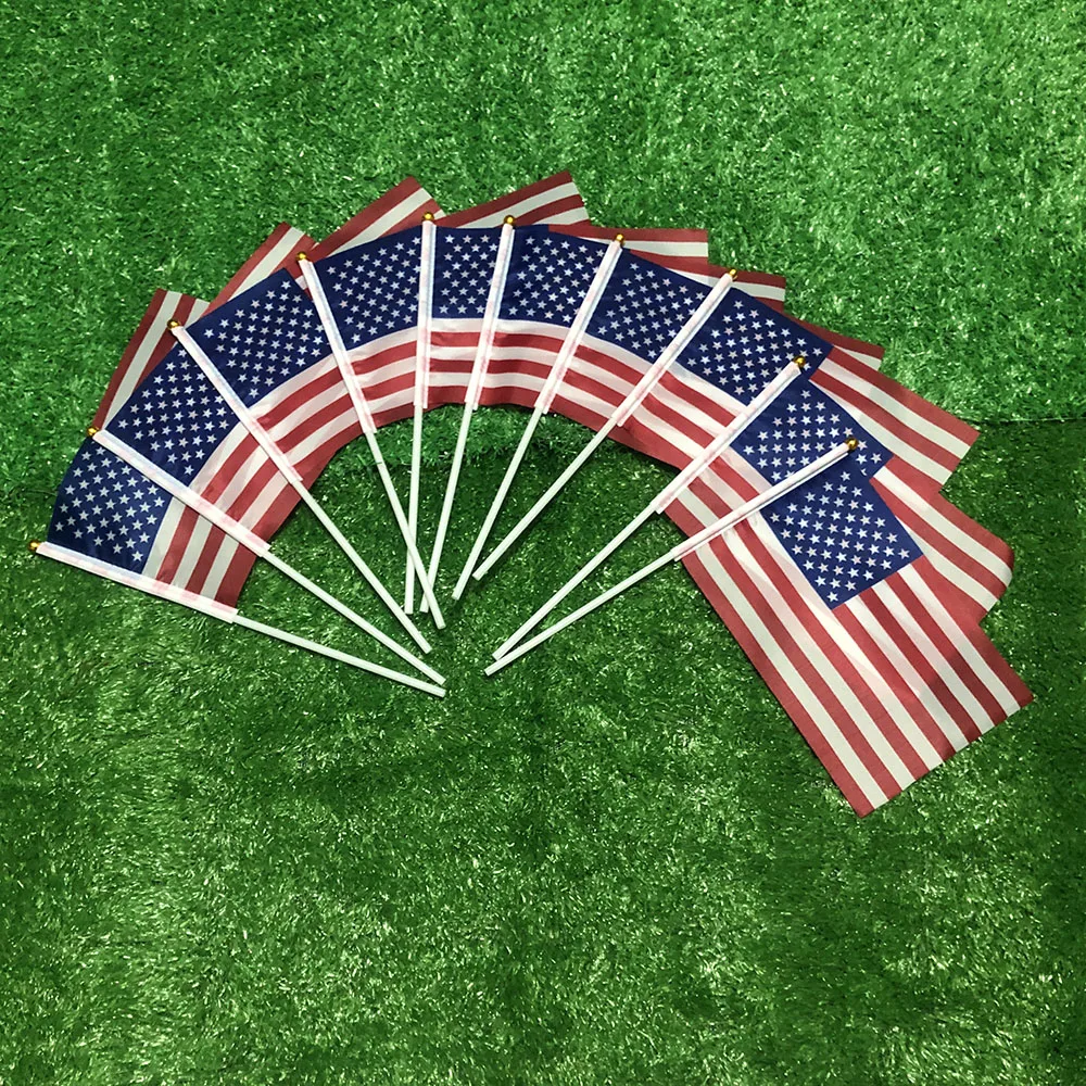 

SKY FLAG American hand flag 14x21cm 100pcs polyester double side penetration USA hand waving Flag with plastic pole for decor