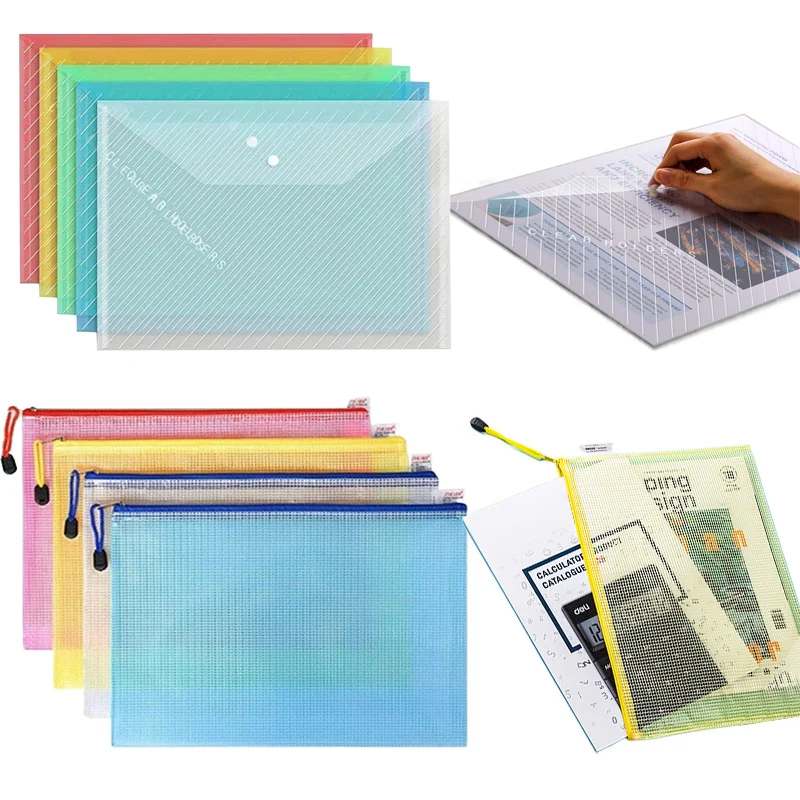 

5/10pcs File Bags High-capacity A4 Translucent Button Folder Grid Zipper Bag Office Supplies Data Stationery Storage Product TMZ
