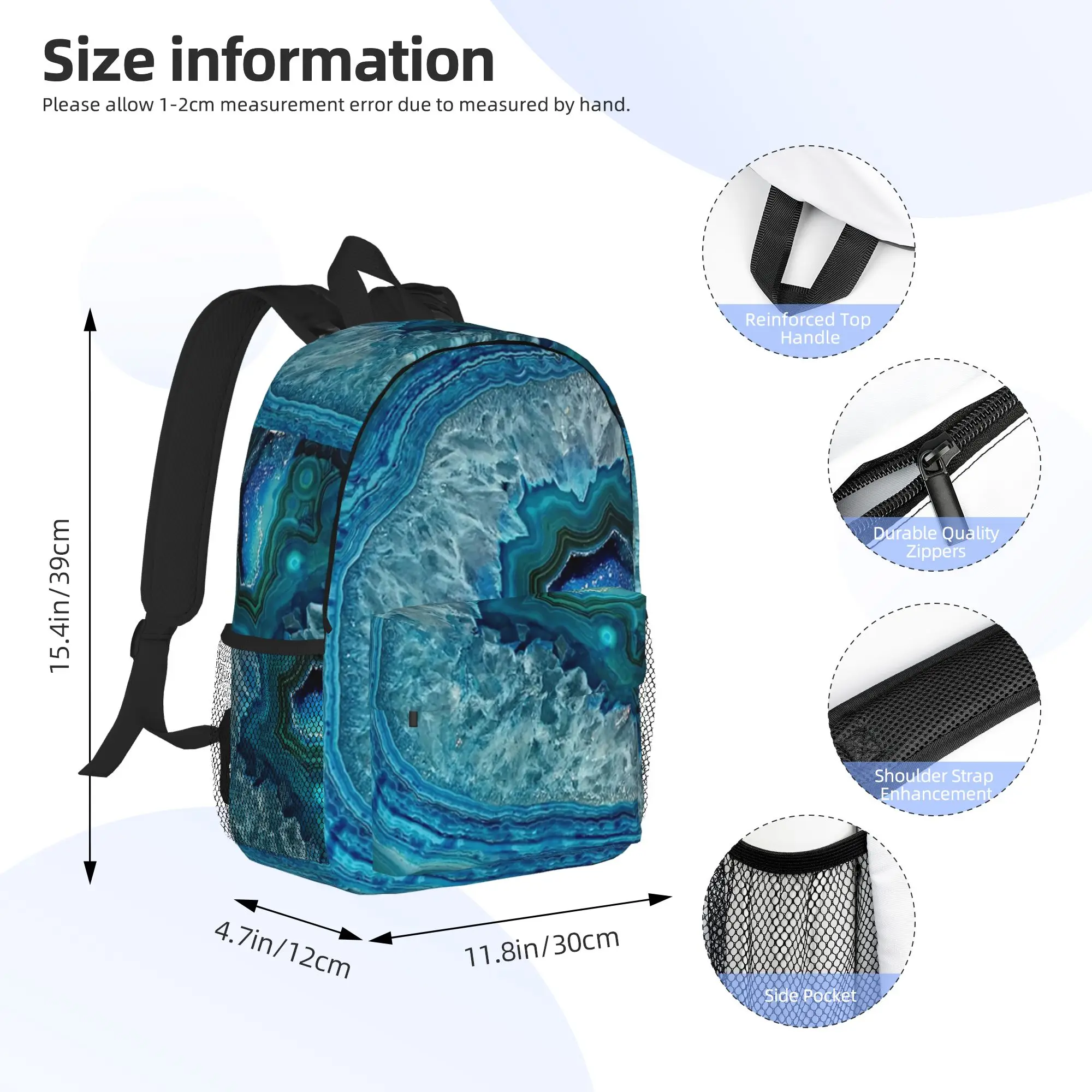 Teal Aqua Turquoise Blue Rock Agate Mineral Crystals Pattern Backpack Hot Sale Daypack Boy Girl BookBag Shoulder Bag School Bag