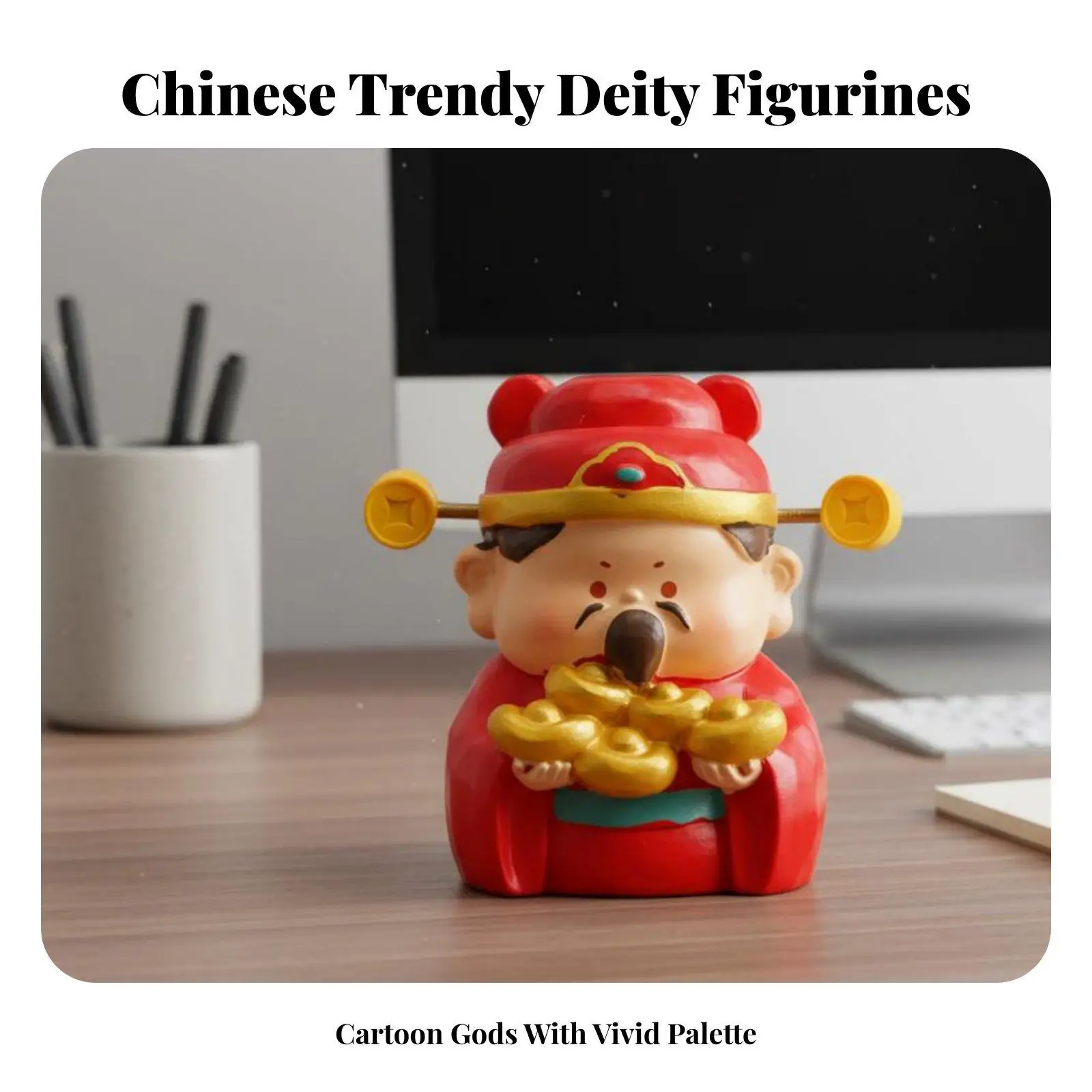Resin Deity Figurine Cute Chinese Prosperity God Statue Compact Desk Ornament for Office Home Bookshelf Car Decor Gift