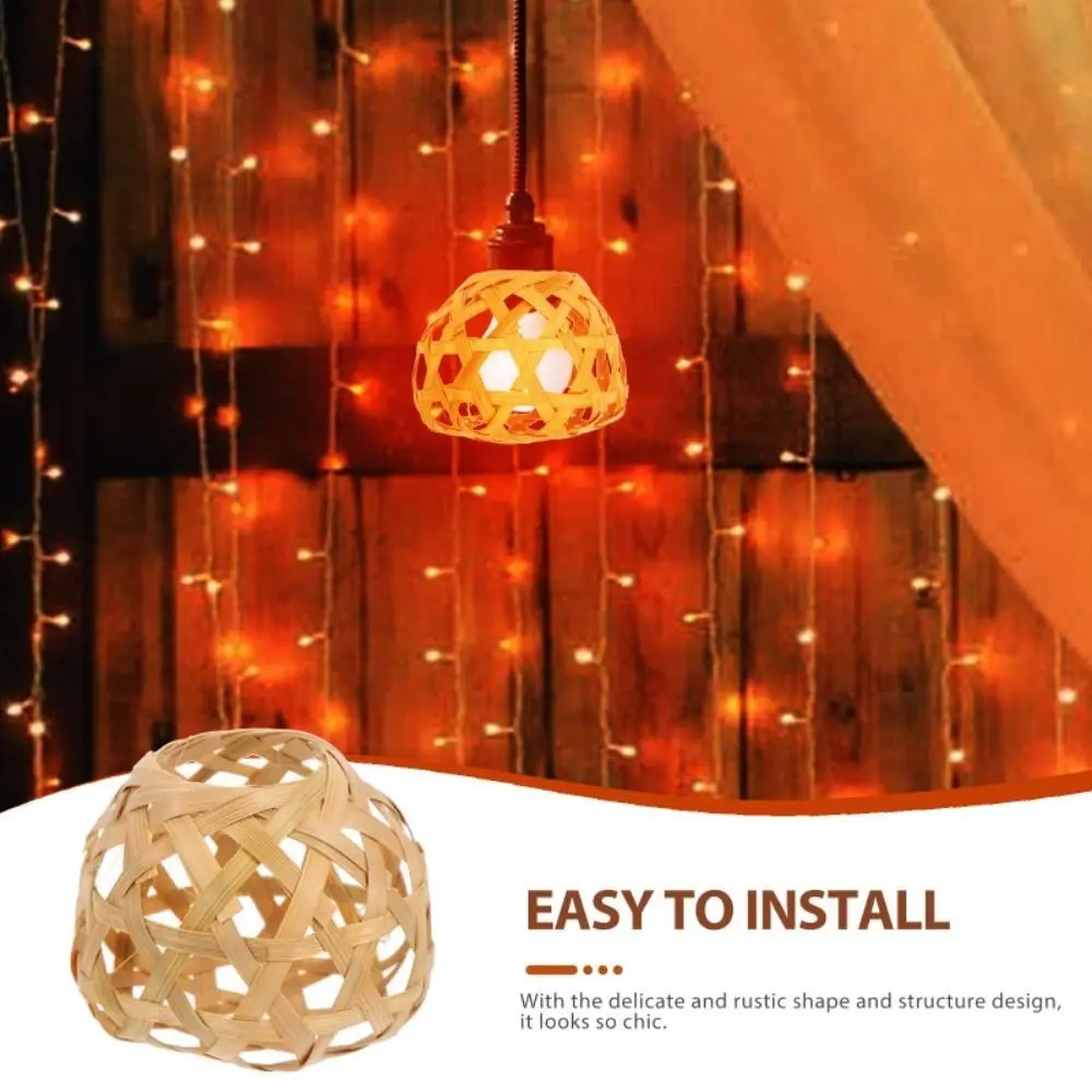 Bamboo Cage Woven Bamboo Lamp Shade Globe Small Bulb Lampshades Removable Hanging Chandelier Cover Ceiling Pendant Cage