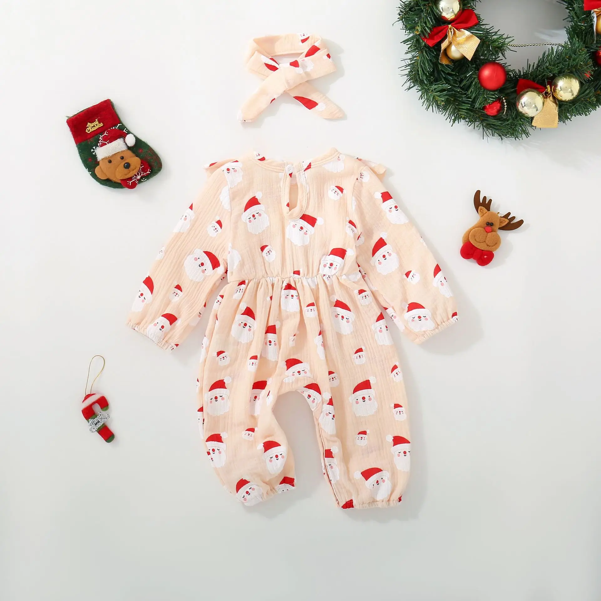 Winter female infant Santa Claus head embroidered Christmas onesie