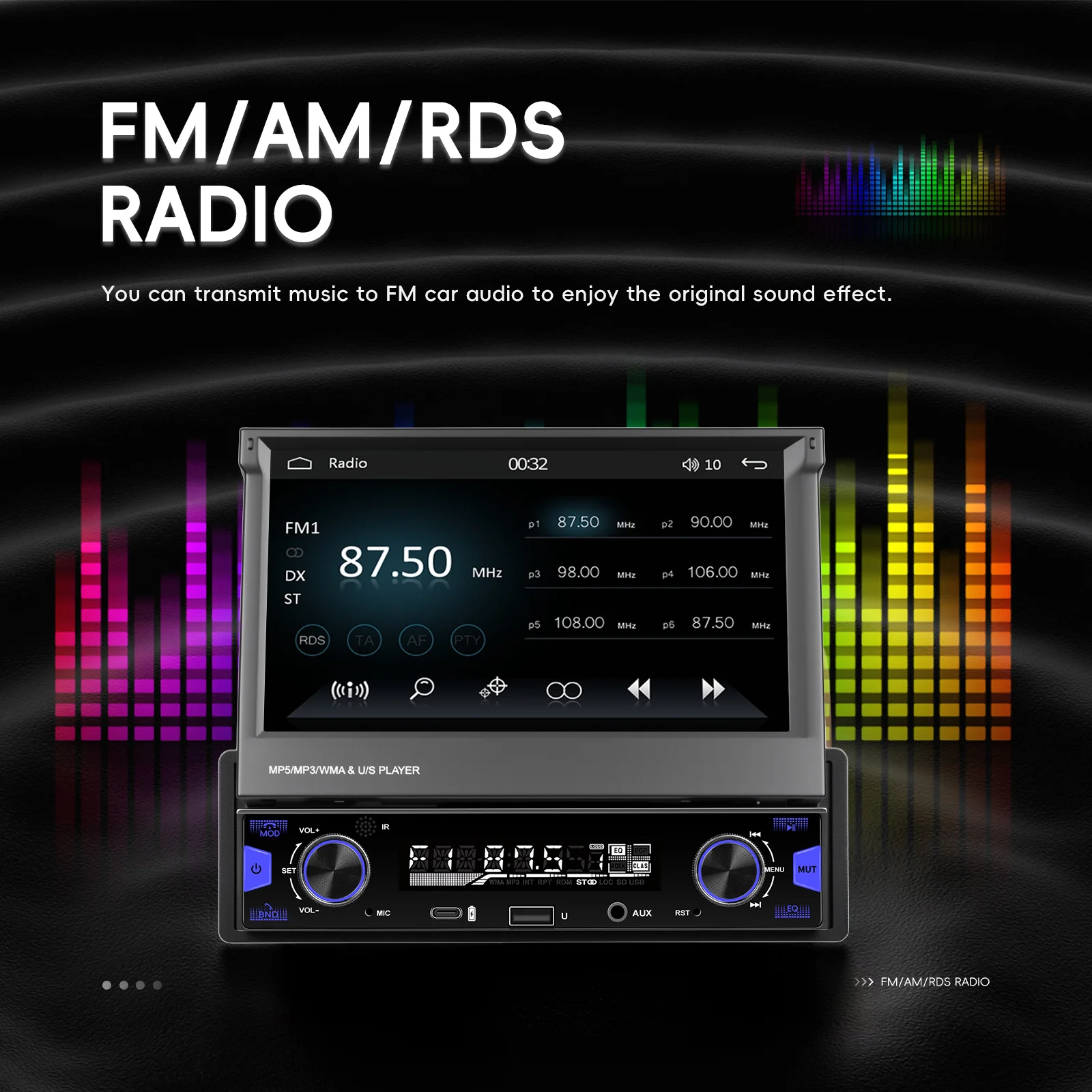 Podofo 7 ''1Din شاشة قابلة للسحب EQ صوت FM/AM/RDS مشغل وسائط متعددة Carplay أندرويد السيارات بلوتوث Type-C USB SWC صوت السيارة #5