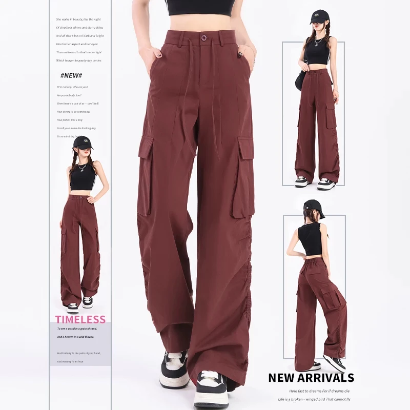 Women's Burgundy Cargo Pants Wide Leg Multi-Pocket Loose Fit High Waist Utility Casual Streetwear Trousers