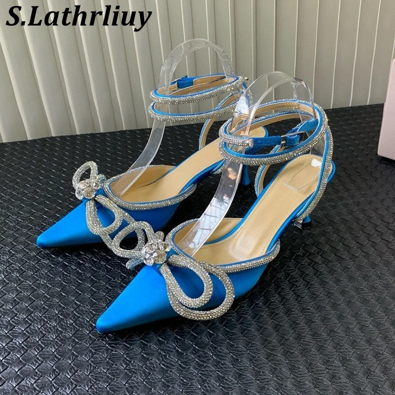 Women's Satin Pointed Toe Sandals Summer Sparkling Rhinestone Bow High-Heeled Sandalias Versatile Banquet Dress Shoes Pumps