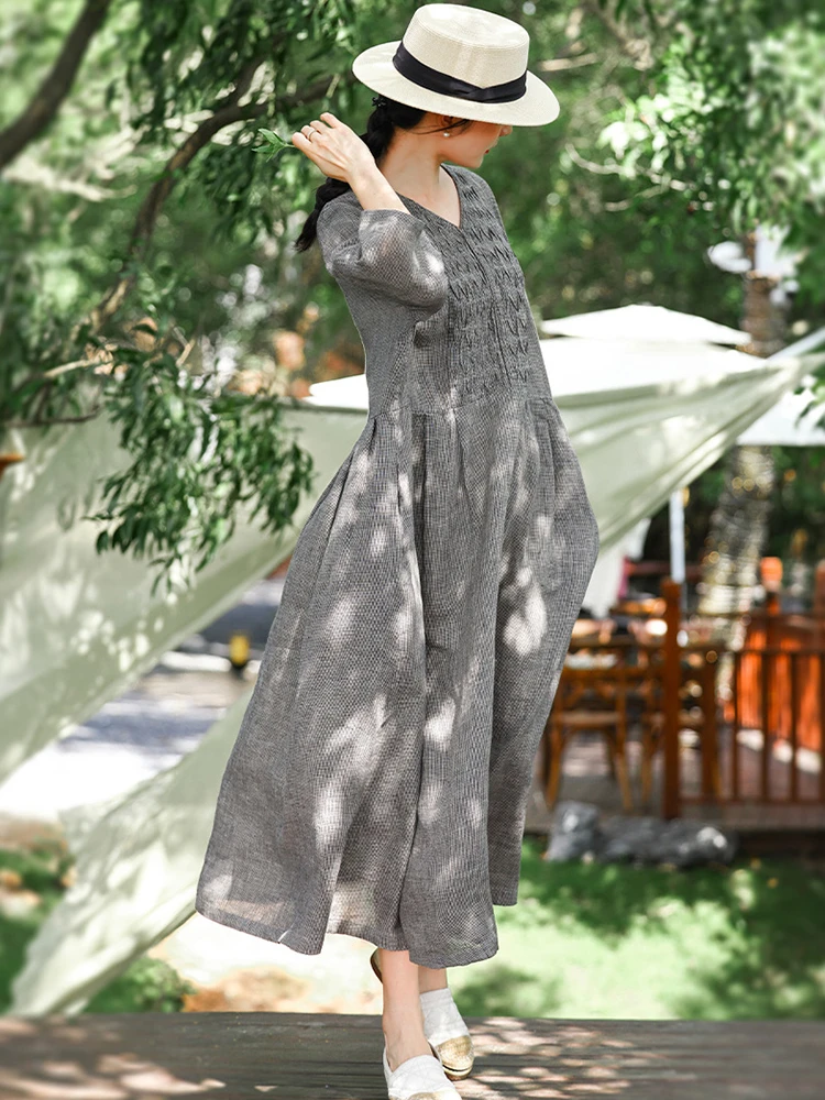 High Quality Women Casual Linen Dress New Arrival 2025 Summer Vintage Style  V-neck Plaid Loose Ladies A-line Long Dresses M1311 - AliExpress