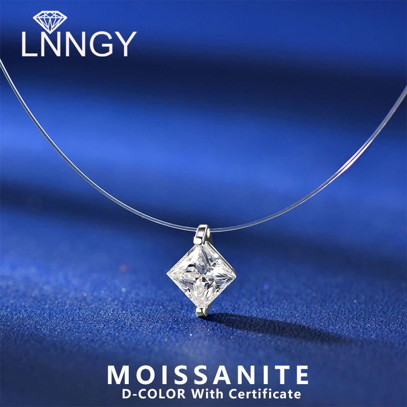 

Lnngy Solitaire 1.0ct Princess Cut Moissanite Pendant Necklaces For Women 925 Sterling Silver Transparent Fishing Line Necklace