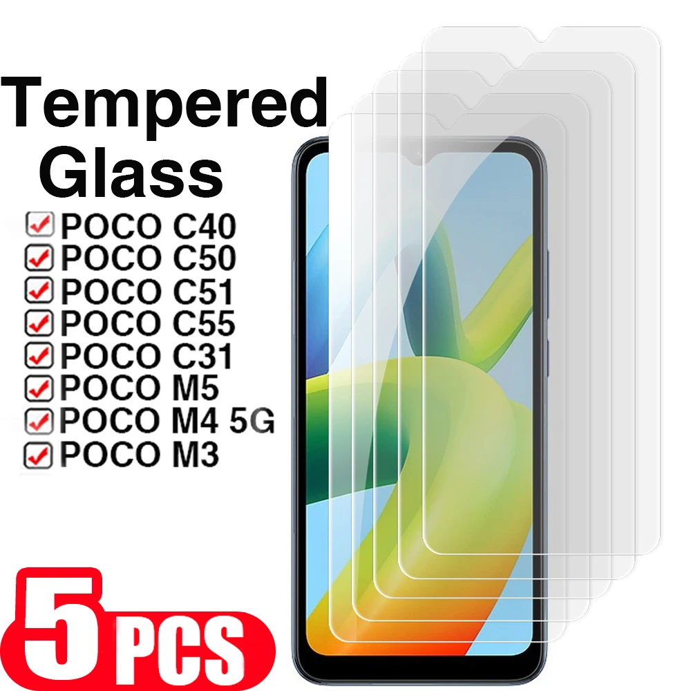 5PCS phone protective film For xiaomi Poco C50 C40 M4 M5 F5 Pro C51 C55 M3 C31 Tempered glass smartphone screen protector Glass