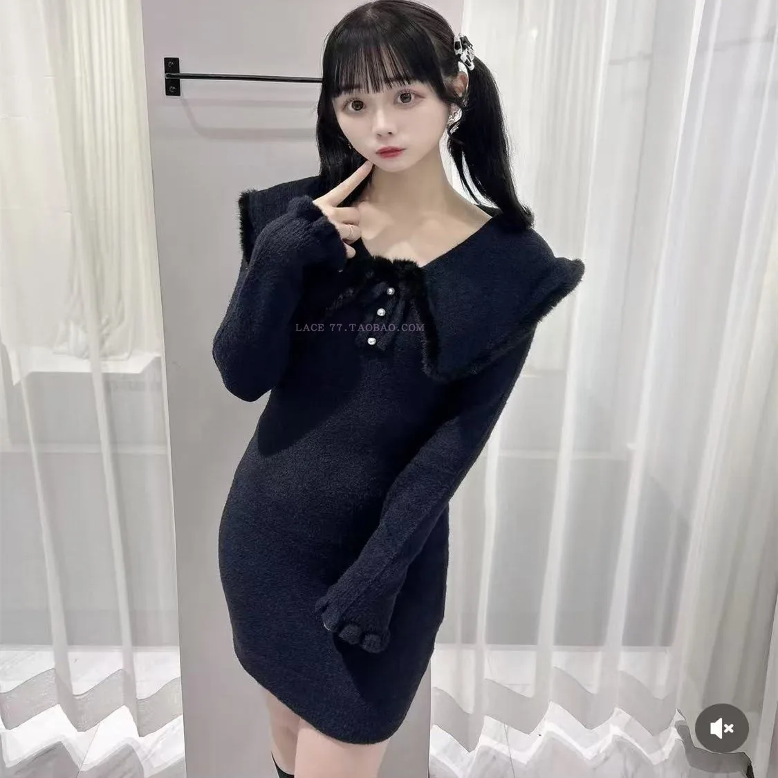 2025 اليابانية الحلو موضة فستان منسوج الخريف الشتاء الفتيات النساء سليم صالح أنيقة بدوره إلى أسفل طوق متماسكة طويلة الأكمام سترة OP #3