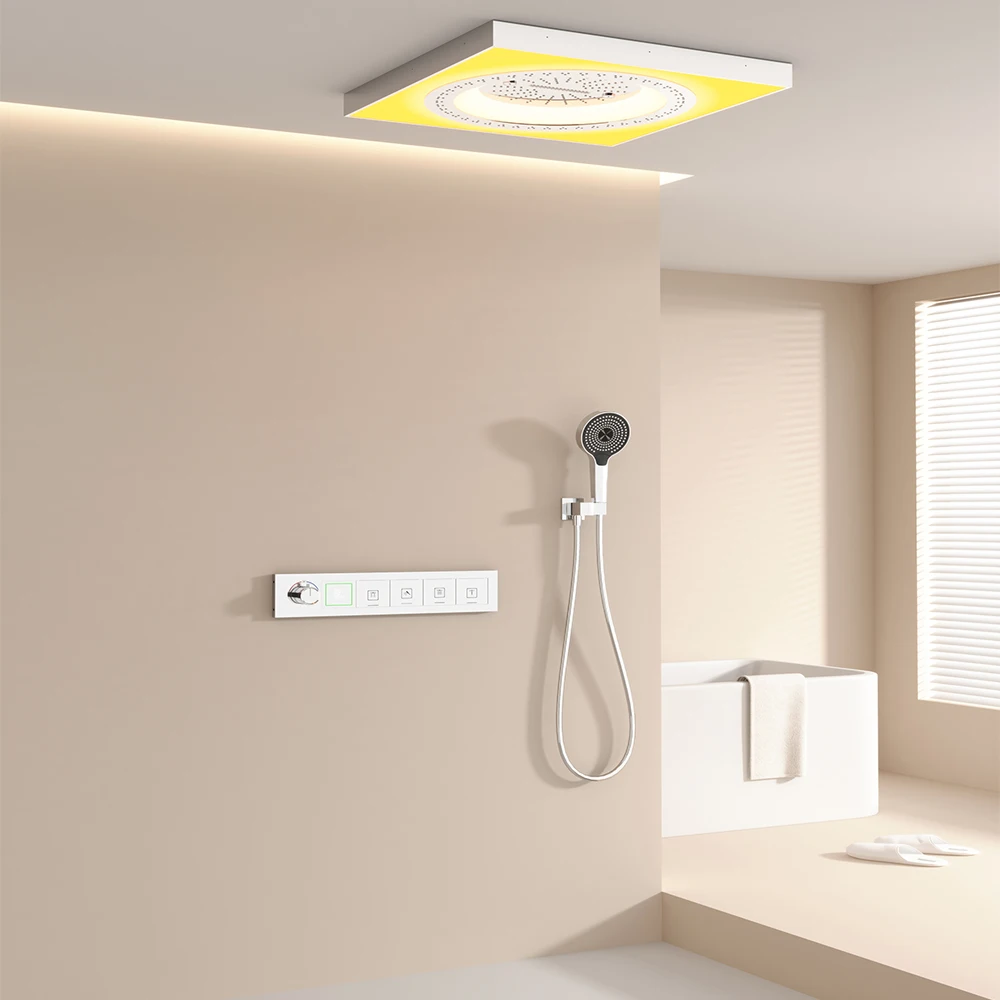 600*600mm montado na parede termostática escondida superior conjunto de cabeça de chuveiro, led chuveiro do banheiro conjunto completo sistema de chuveiro preto