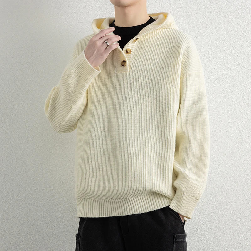 

Мужской повседневный свободный вязаный свитер-худи на пуговицах, однотонный, осенне-зимний, модный, удобный, дышащий, с длинными рукавами