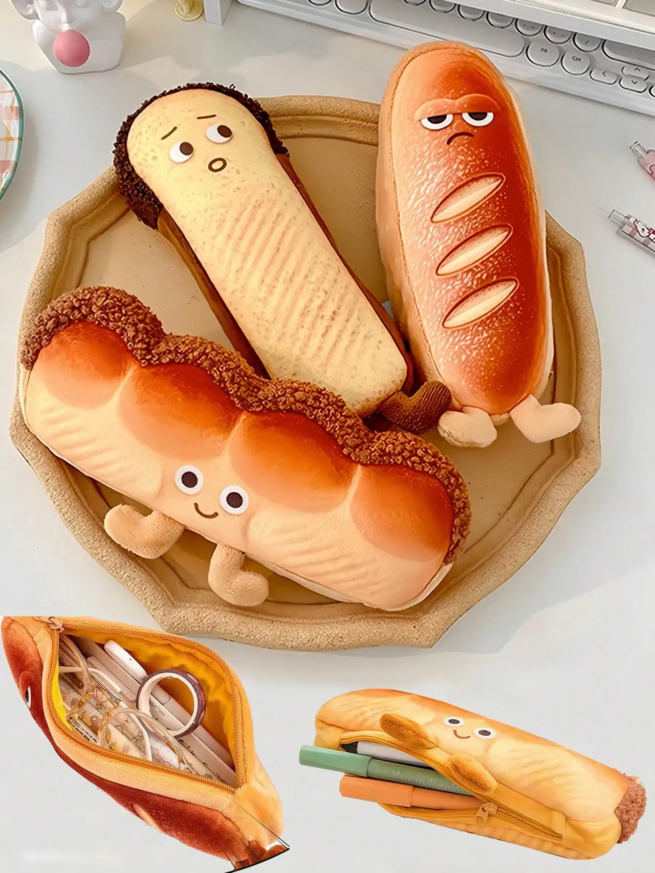 

1pc Irresistible Bread Shaped Pencil Case, 3 Shapes Available, Cute Cartoon Toast Emoticon Design, Creative Student Stationery,