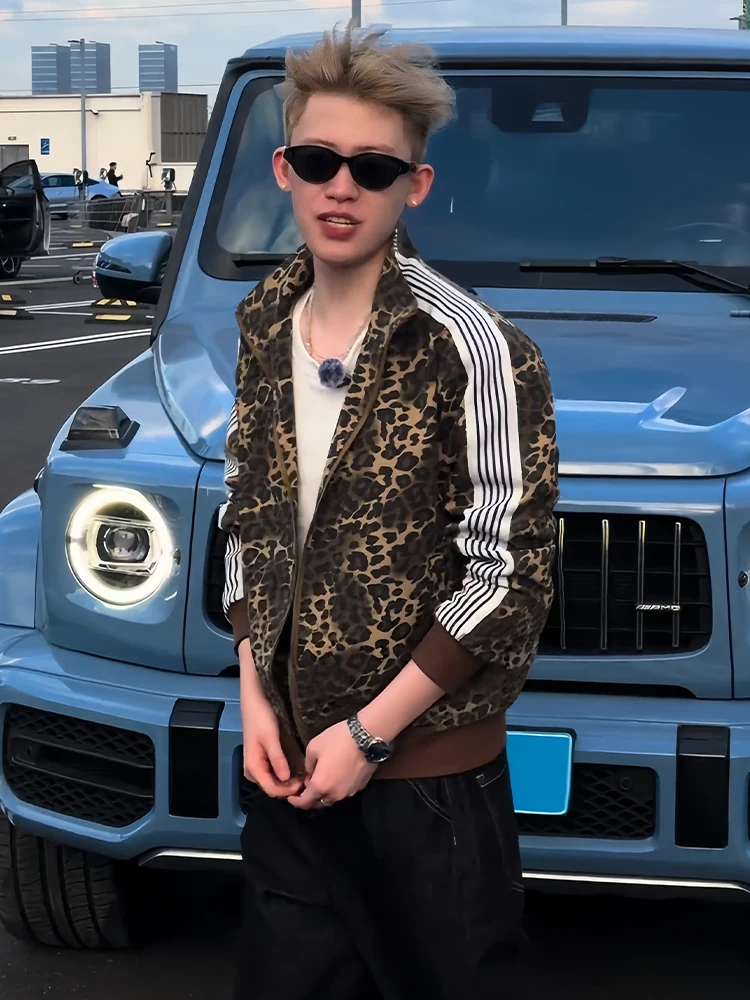 Trendy American Retro Leopard Print Jacket Men's Autumn Spring Zipper Stand Collar Couple Style Loose Fit Clothing