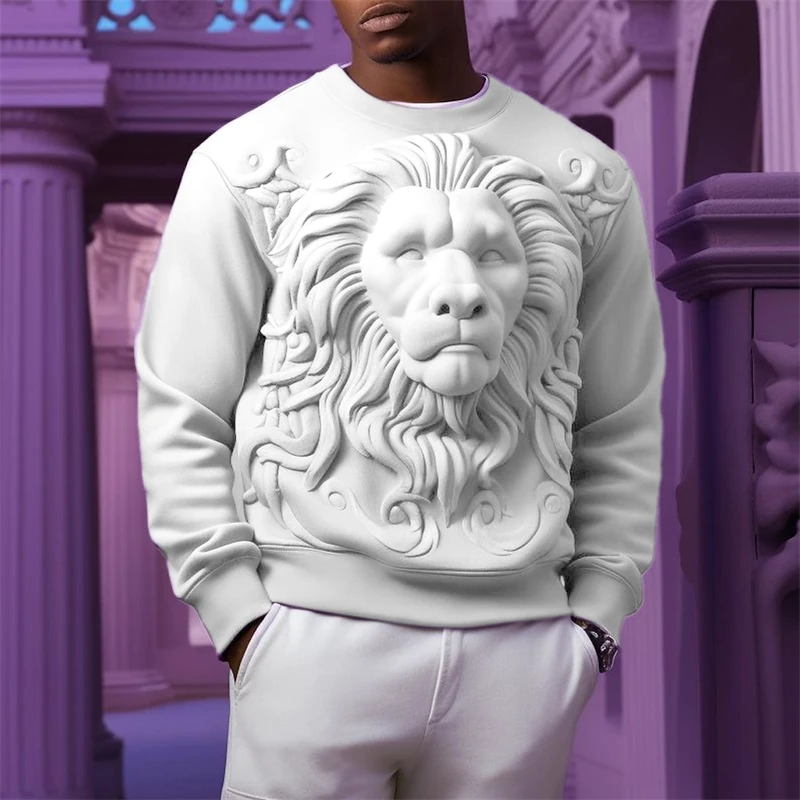 Fashion Lion Relief Graphic Sweatshirts Trend Cool Long Sleeve Mens 3D Printed Crew Neck Hoodie Casual Streetwear Oversized Tops